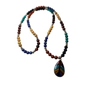 Beaded Necklace Multicolor Stone Teardrop Pendant Boho Festival
